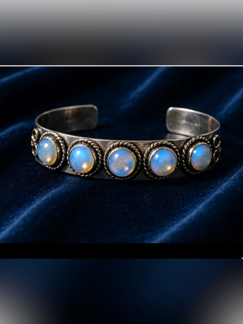 Moonstone Cabochon Silver Cuff Bracelet - Blue Opalescent Stones